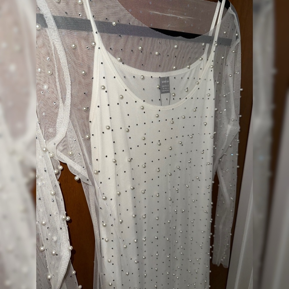 White Sheer Pearl Dress with White Bodycon Dress - Picture 3 of 4